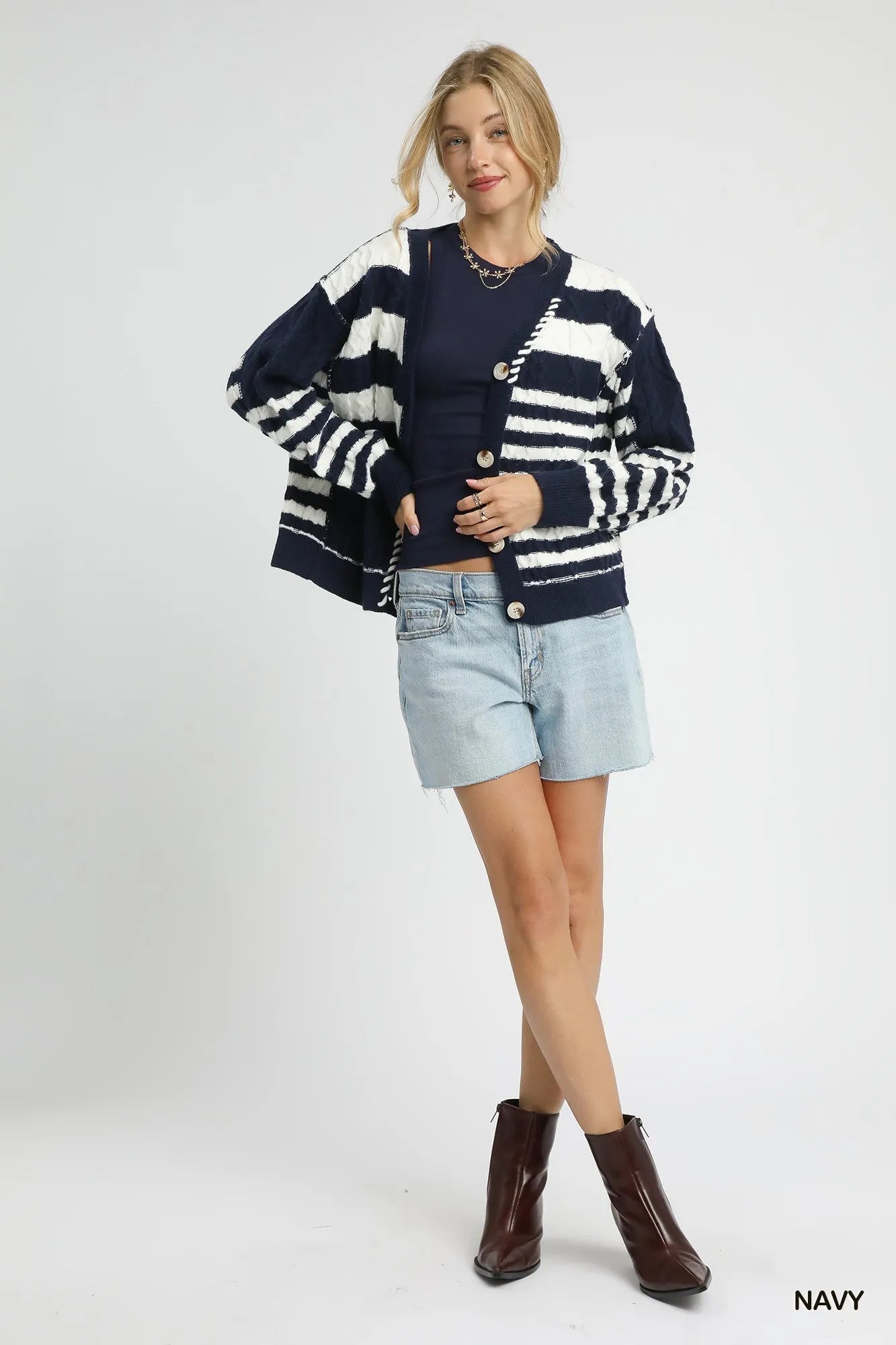 Cable-Knit Stripe Button-Up Cardigan – Cozy Classic with Modern Twist