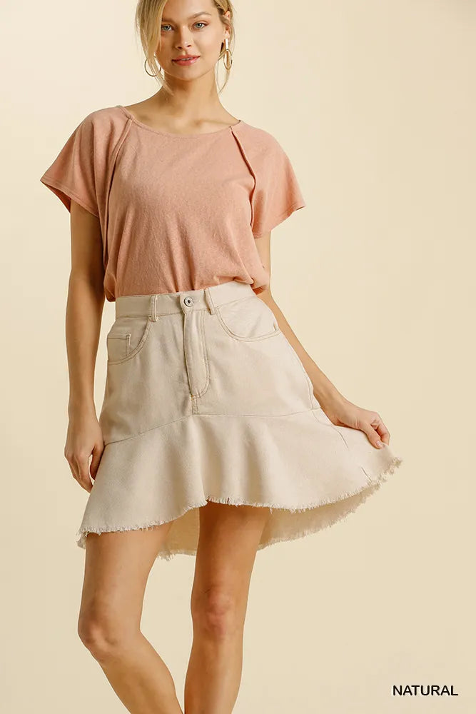 Linen Blend High-Low Skirt – 5 Pockets & Frayed Hem for Casual Chic