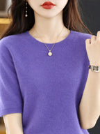 Lavender purple round-neck short-sleeve sweater with ribbed crew neck and cuffs