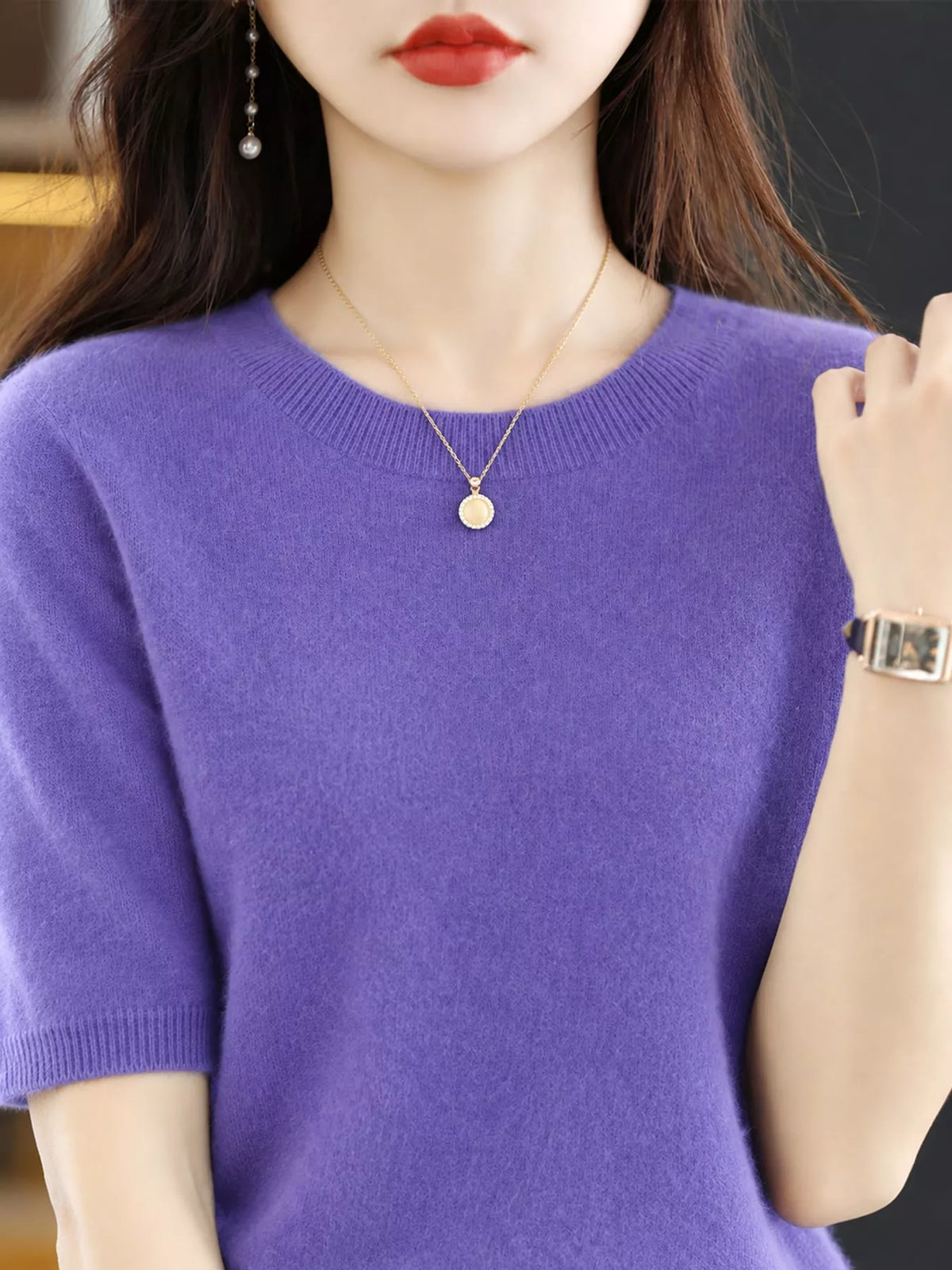 Lavender purple round-neck short-sleeve sweater with ribbed crew neck and cuffs