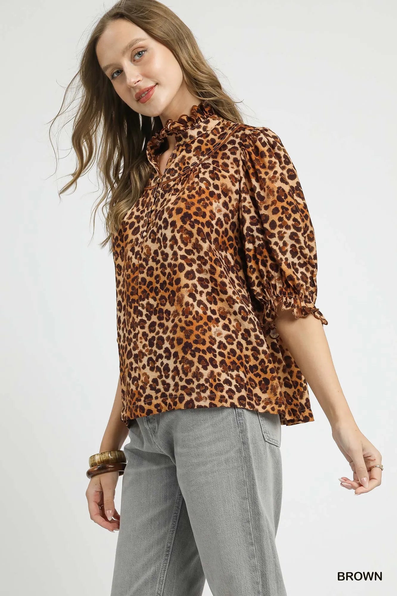 Leopard Print Ruffle Neck Blouse – Chic Statement Top for Day or Night