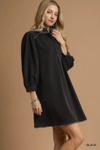 French Terry Balloon Sleeve Shift Dress with Leopard Print