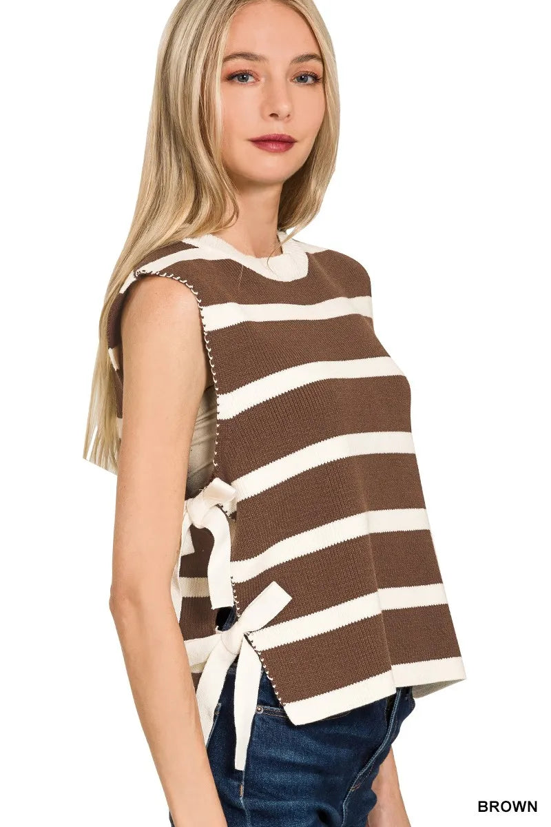 Striped Sleeveless Sweater Vest with Side Ties – Brown & White Knit