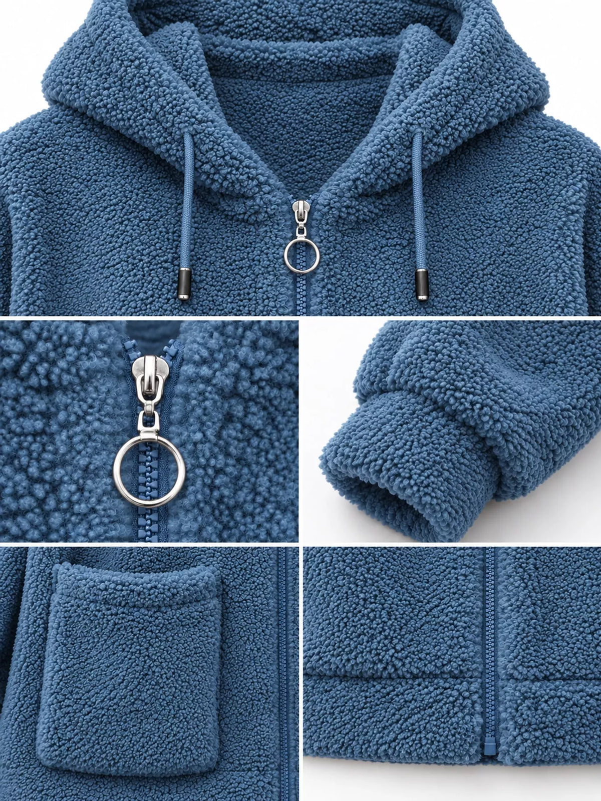 Blue fleece zip-up hoodie with drawstring hood, front zipper, and patch pockets.