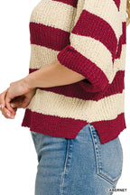 Striped ribbed knit pullover sweater sleeve and hem, cream with cabernet red stripes