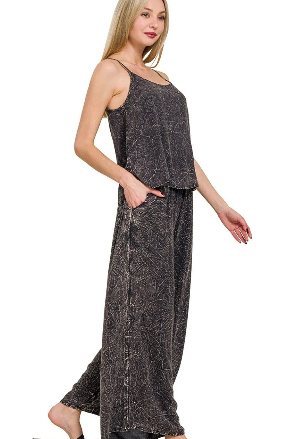 Ash Black Cami & Palazzo Pants Set – Charcoal Abstract Style