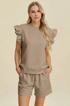 Textured Ruffle Sleeve Top & Shorts Set – Cute, Comfy & Stylish