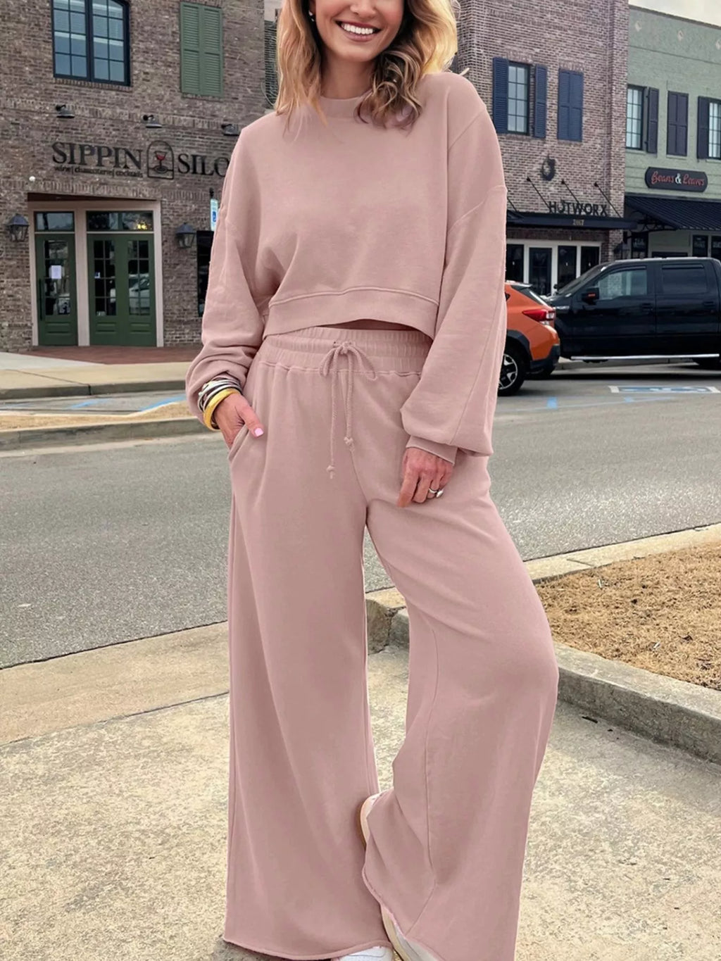 Puff Sleeve Crop Top & Drawstring Wide Leg Pants Set – Chic & Comfy