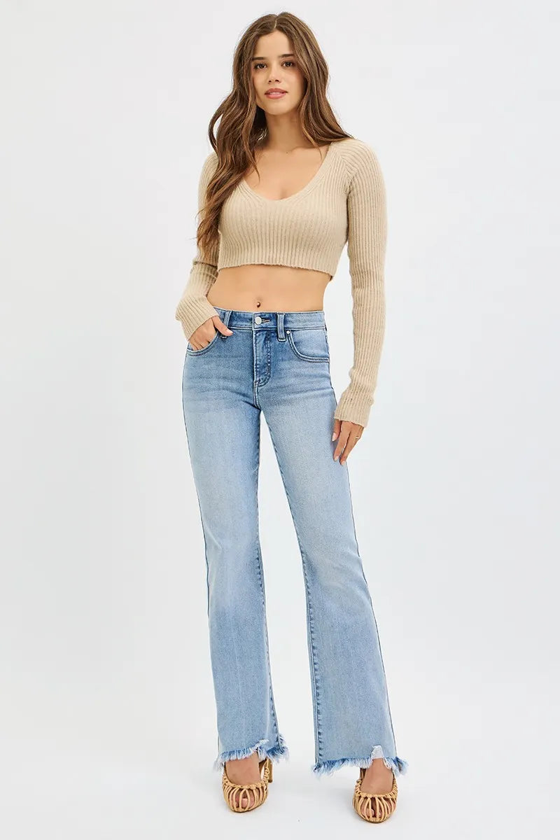 Mid Rise Flare Jeans with Tummy Control & Fray Hem | Trendy Fit