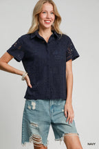 Patch Lace Short Sleeve Button Down Shirt – Chic & Feminine Top