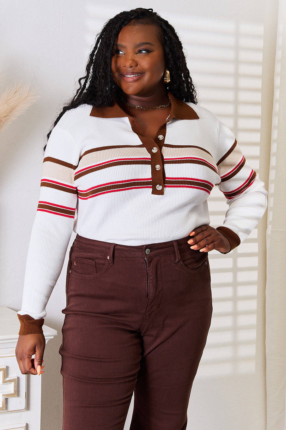 Striped Collared Rib-Knit Top – Classic, Flattering & Versatile Style