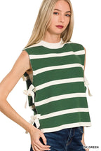 Green & White Striped Sweater Vest – Sleeveless Knit with Side Ties