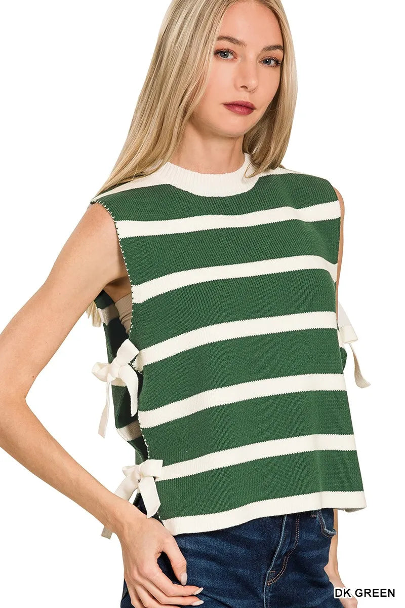 Green & White Striped Sweater Vest – Sleeveless Knit with Side Ties