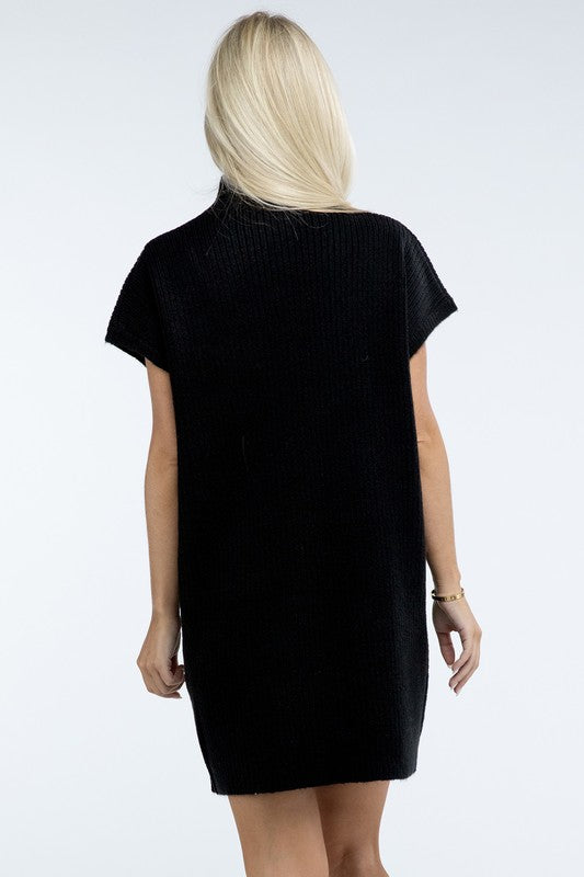 Zenana Mock Neck Short Sleeve Sweater Dress with Pocket