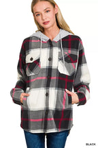 Women’s plaid hooded fleece shacket with drawstring, button front, chest pockets