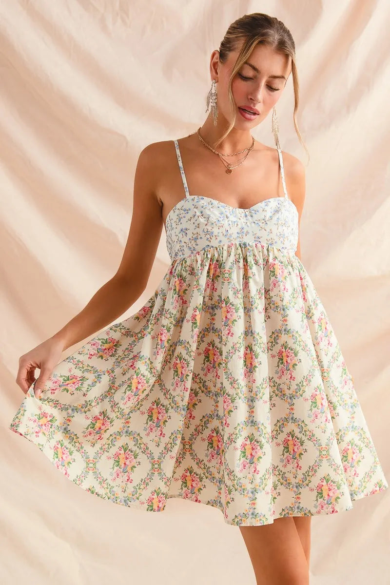 Romantic Floral Cami Dress with Lace Trim & Tiered Ruffle Skirt