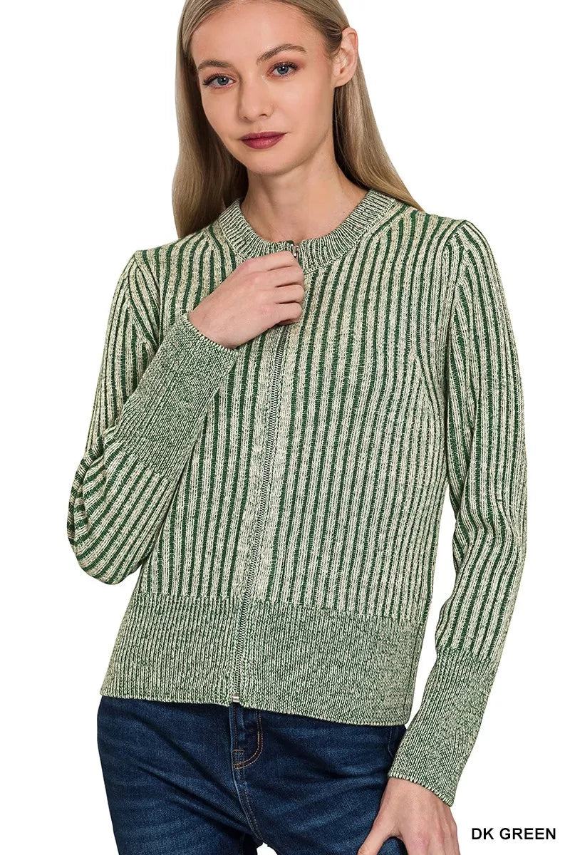 Zenana Ribbed Two-Tone Zip-Up Sweater Cardigan – Chic Layering Piece