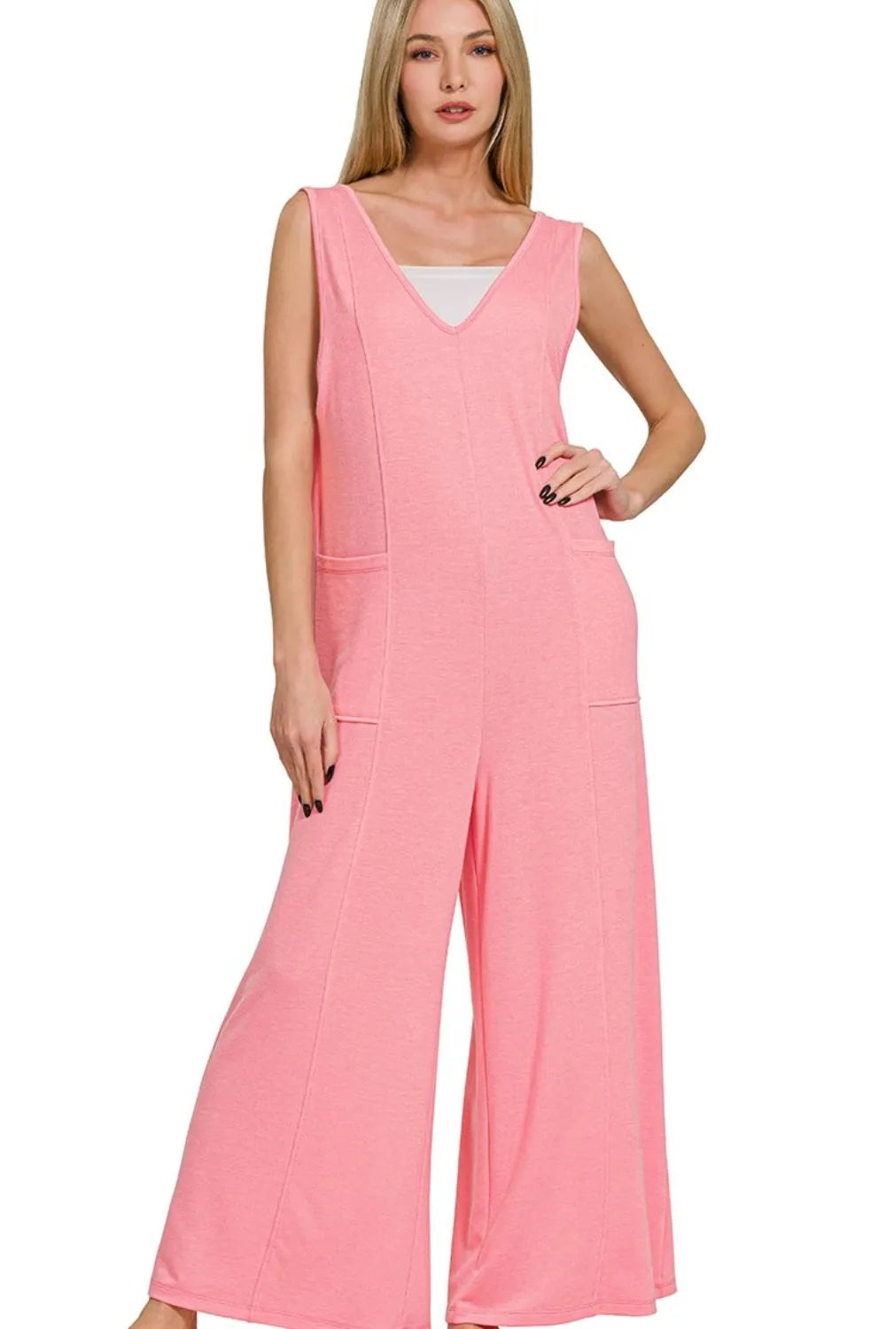 French Terry Deep V-Neck Jumpsuit – Soft, Stylish & Versatile