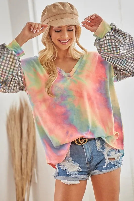 V-Neck Tie-Dye French Terry Top with Shimmer – Trendy & Cozy