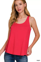 Flowy rayon tank top in ruby red, scoop neck and sleeveless swing hem