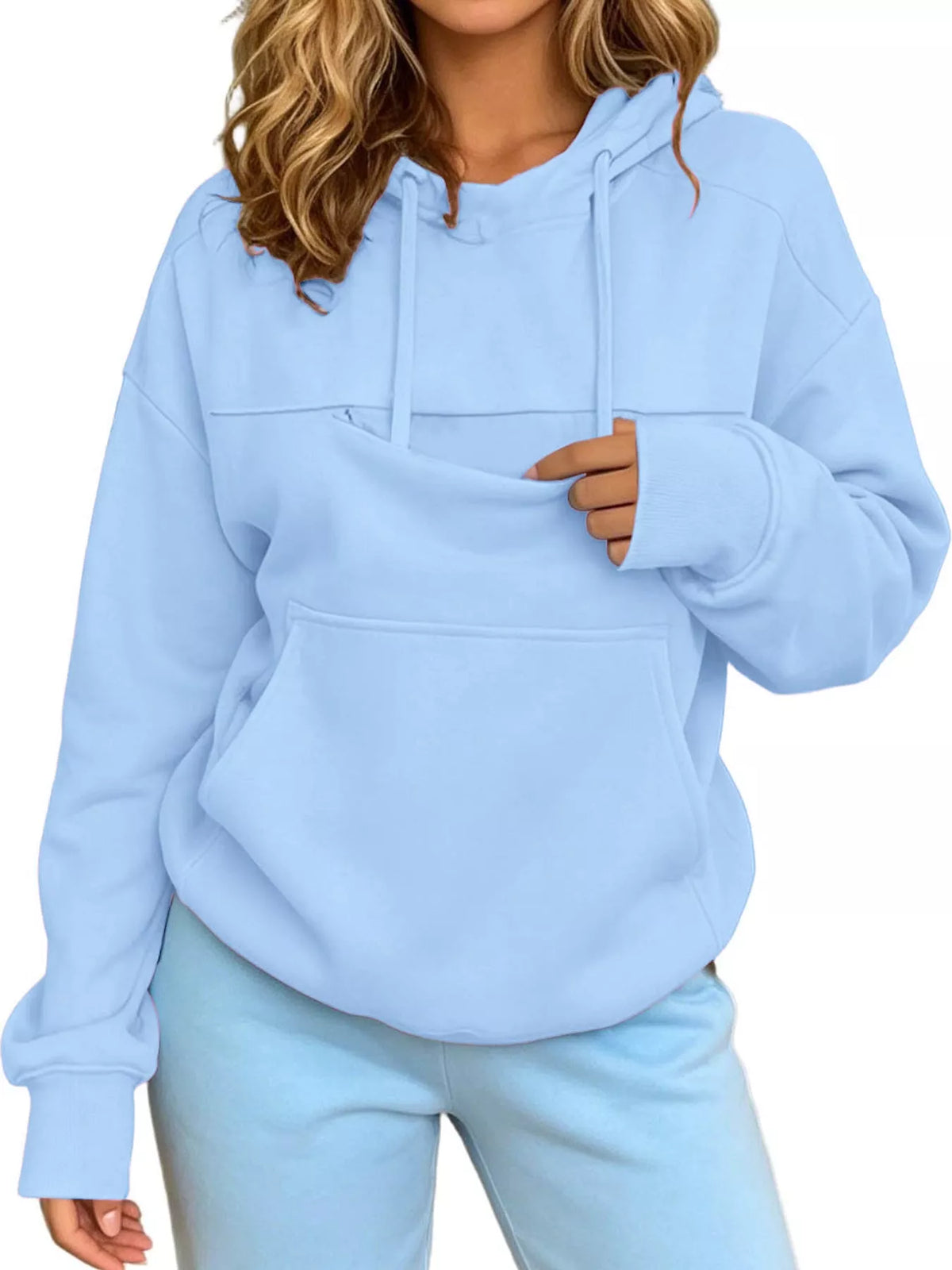 Light blue cat-pouch drawstring hoodie with kangaroo pocket