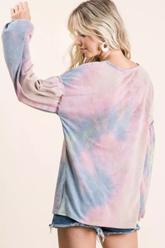 Tie-Dye French Terry Sweatshirt with Bubble Sleeves | Cozy Women’s Pullover
