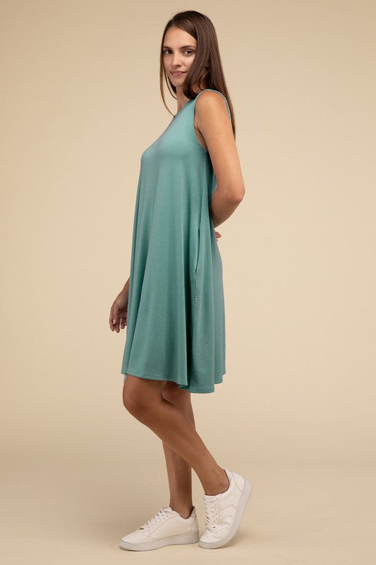 Zenana Sleeveless Flared Dress with Side Pockets