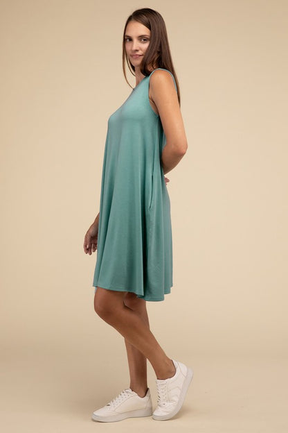 Zenana Sleeveless Flared Dress with Side Pockets