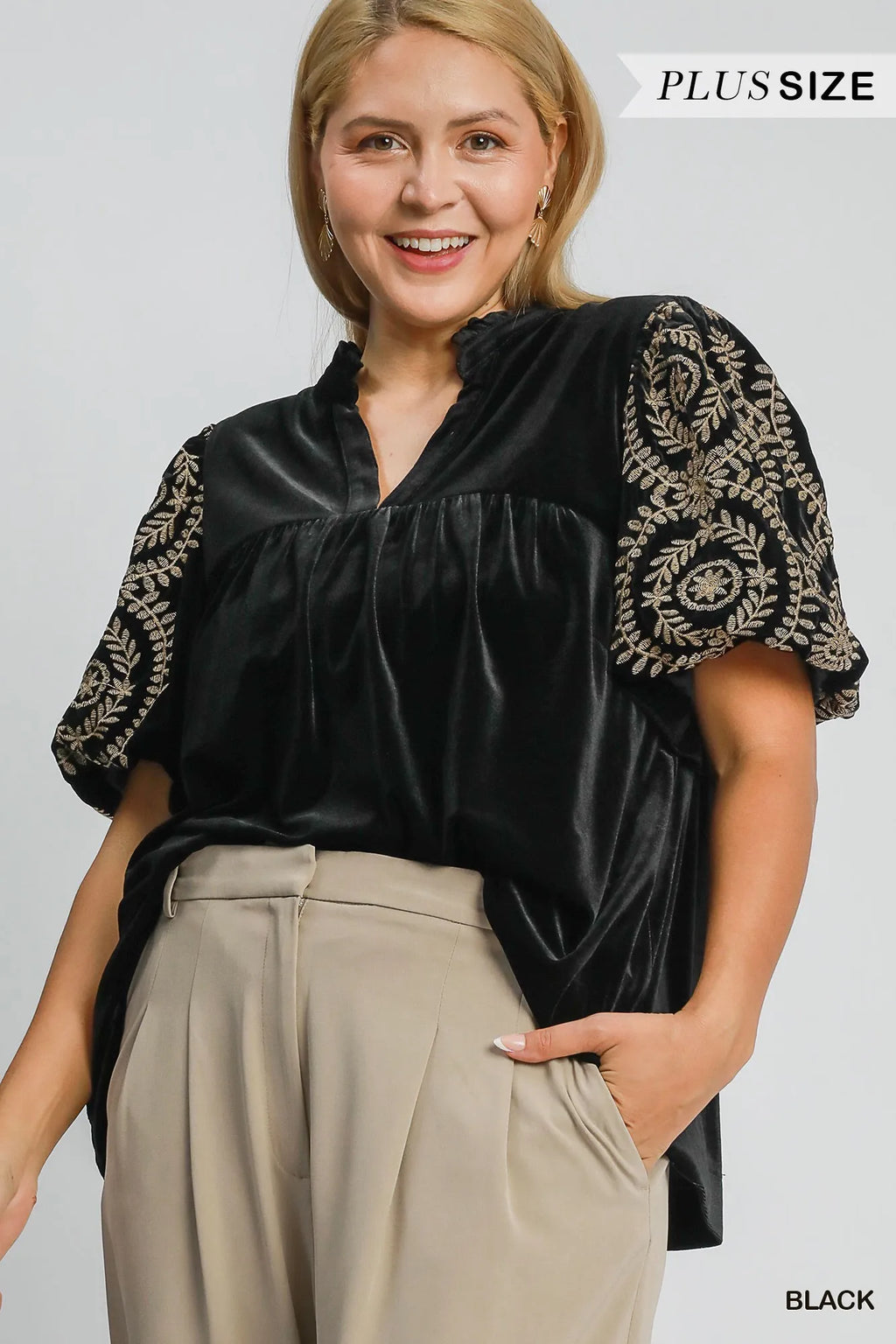 Velvet Embroidered Sleeve Blouse Luxe Ruched Top with Elegant Detailing