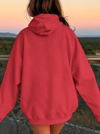 Burgundy drawstring dropped-shoulder hoodie with kangaroo pocket and hood
