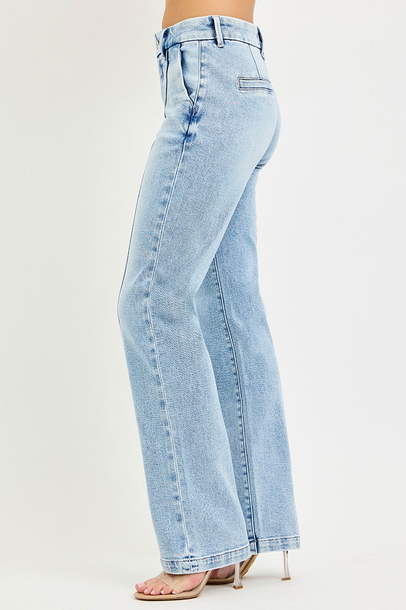 Light wash high-rise straight-leg jeans, side view with rear pocket