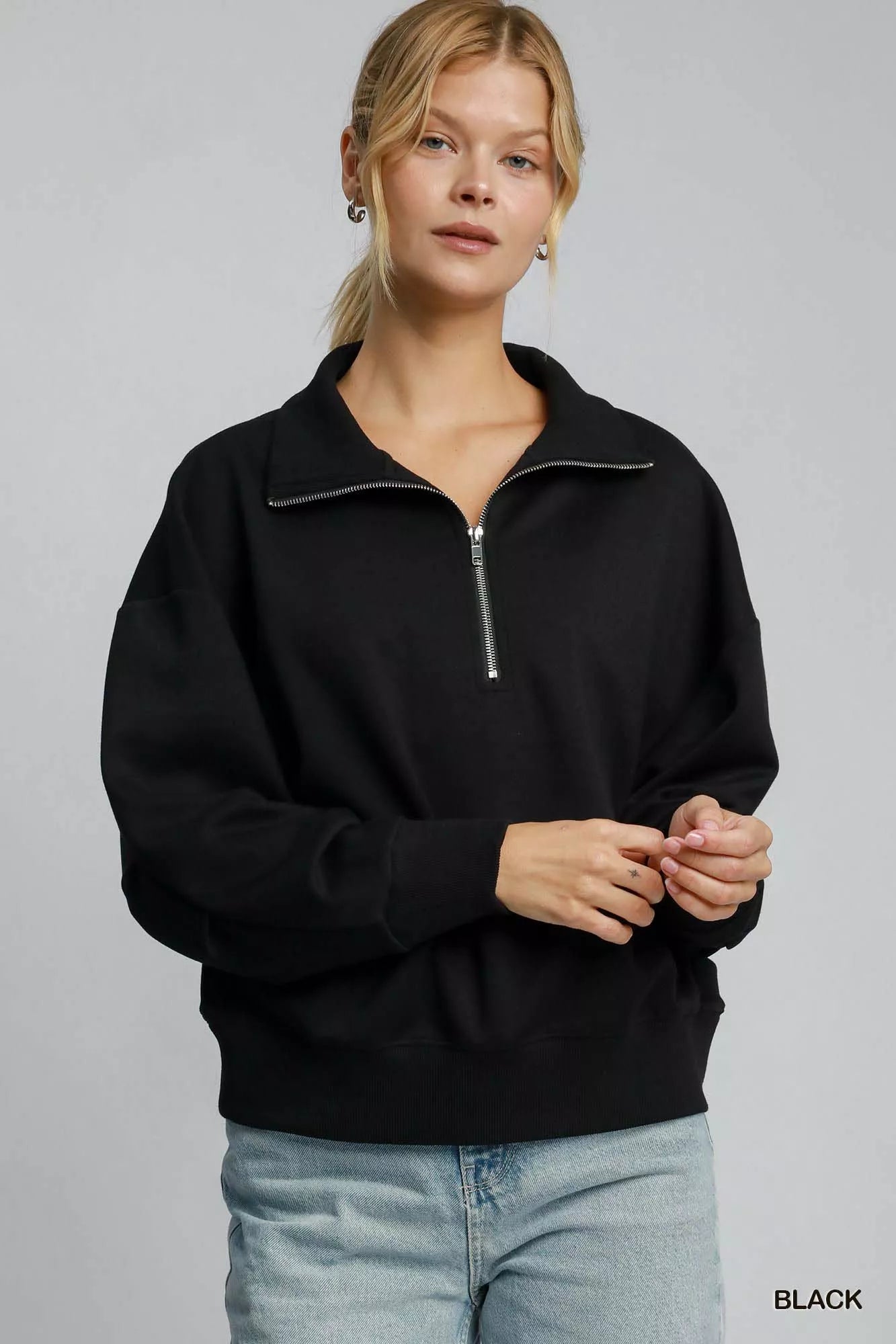 Umgee Half Zip Drop Shoulder Sweatshirt – Casual Chic Everyday Comfort