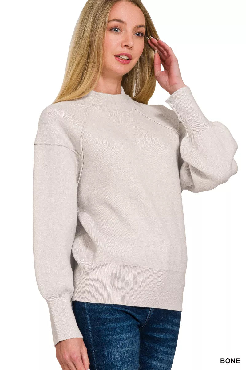 Zenana Viscose Mock Neck Sweater – Trendy Exposed Seam Design