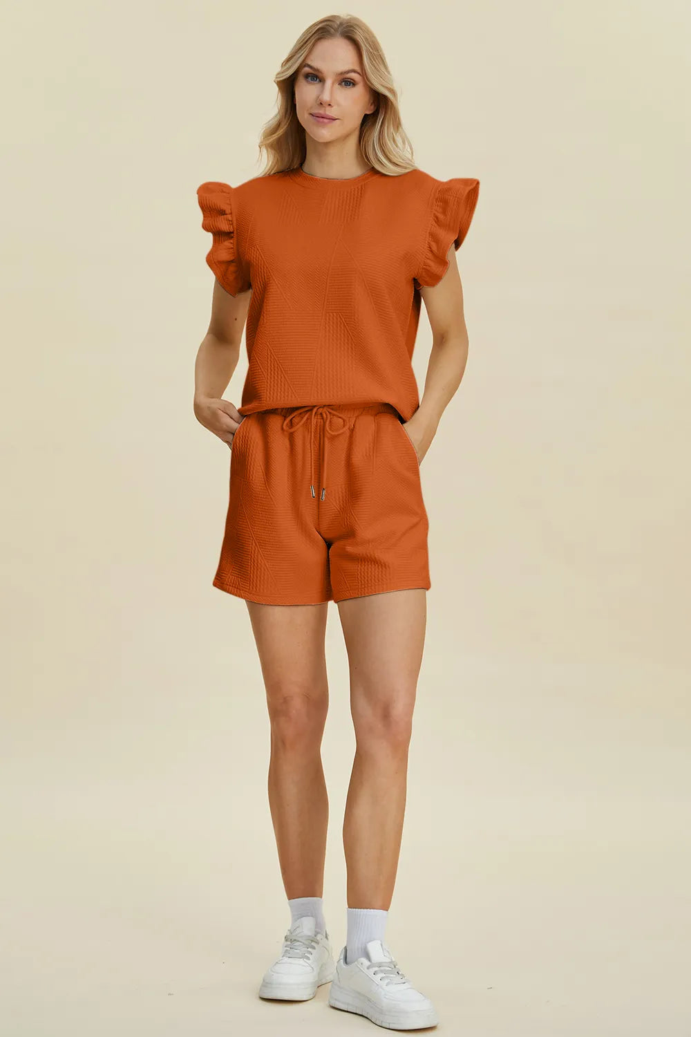 Textured Ruffle Sleeve Top & Shorts Set – Cute, Comfy & Stylish