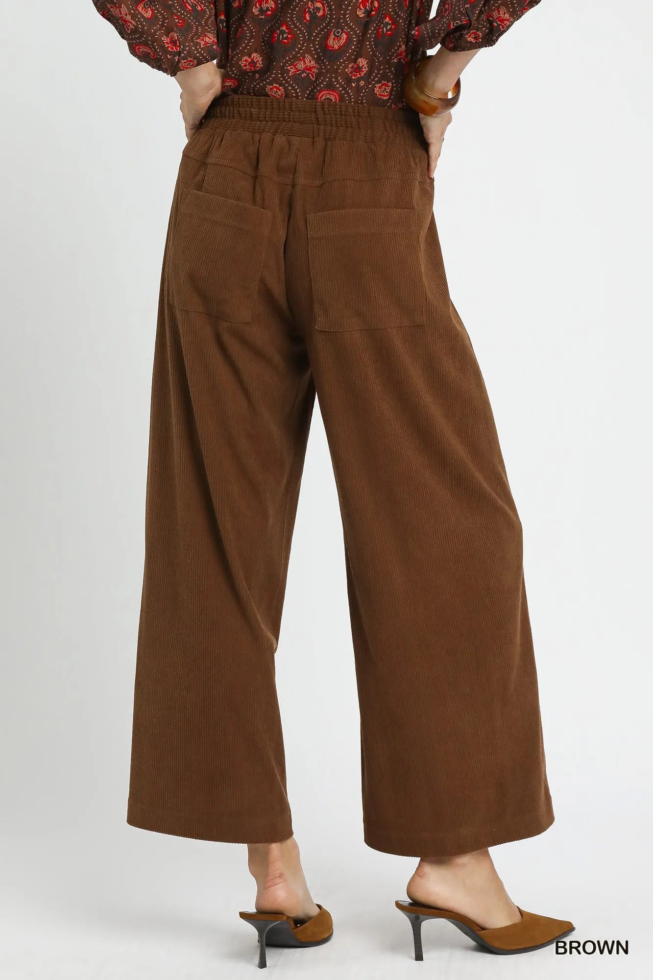 Brown Wide-Leg Palazzo Pants – Elastic Waist, Pockets & Flowy Fit