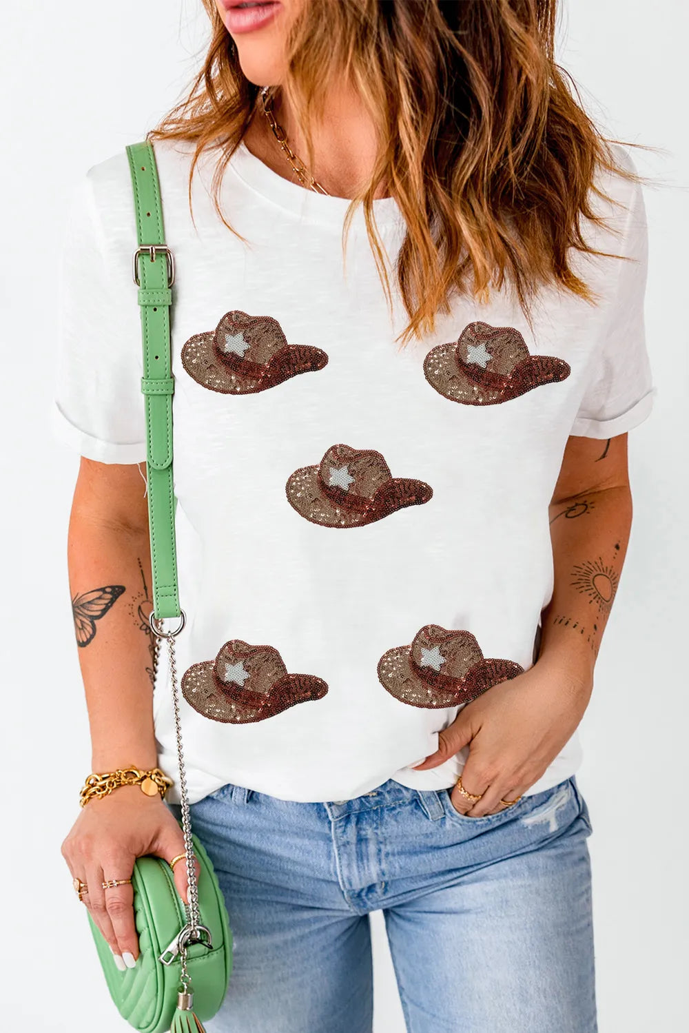 Sequin Hat Round Neck Short Sleeve T-Shirt – Festive Holiday Style