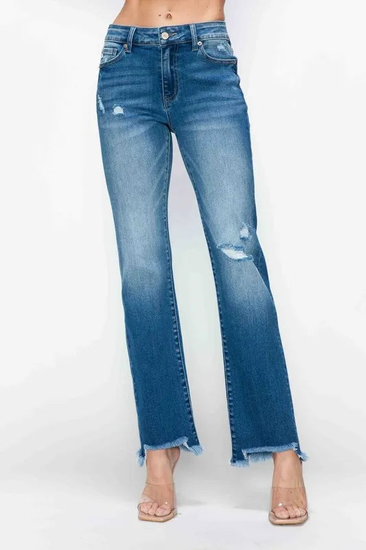 Raw Hem Mid Rise Straight Jeans – Distressed, Flattering & Timeless