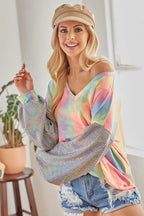 V-Neck Tie-Dye French Terry Top with Shimmer – Trendy & Cozy