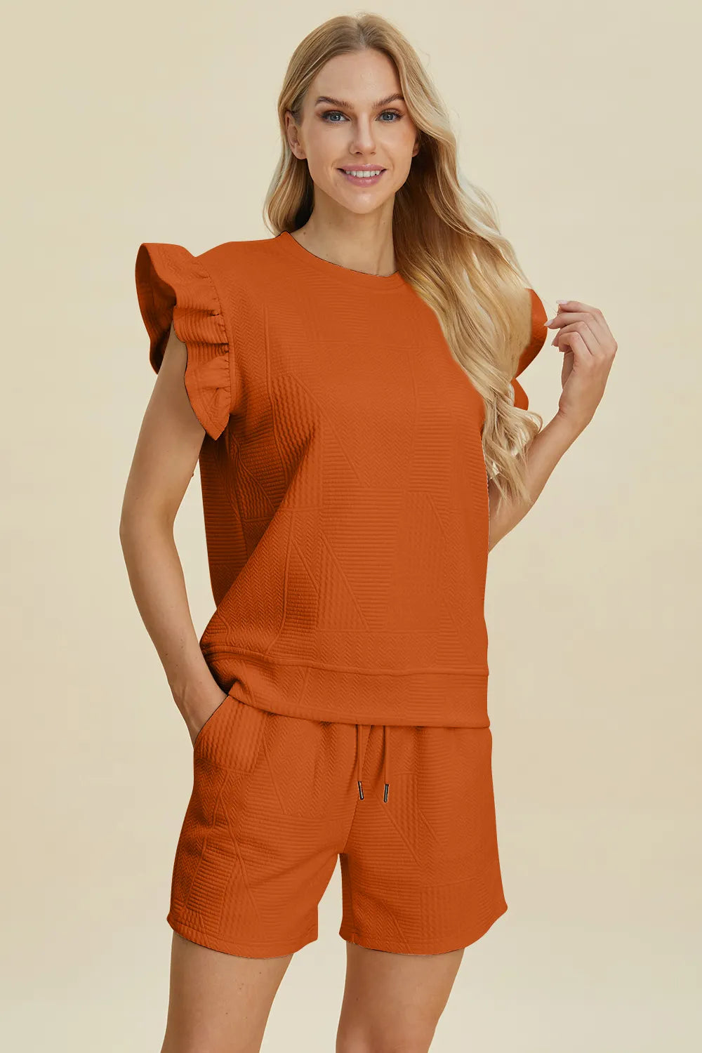 Textured Ruffle Sleeve Top & Shorts Set – Cute, Comfy & Stylish