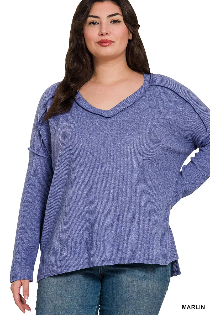 Zenana Brushed Ribbed Hacci V-Neck Sweater – Soft, Cozy & Stylish