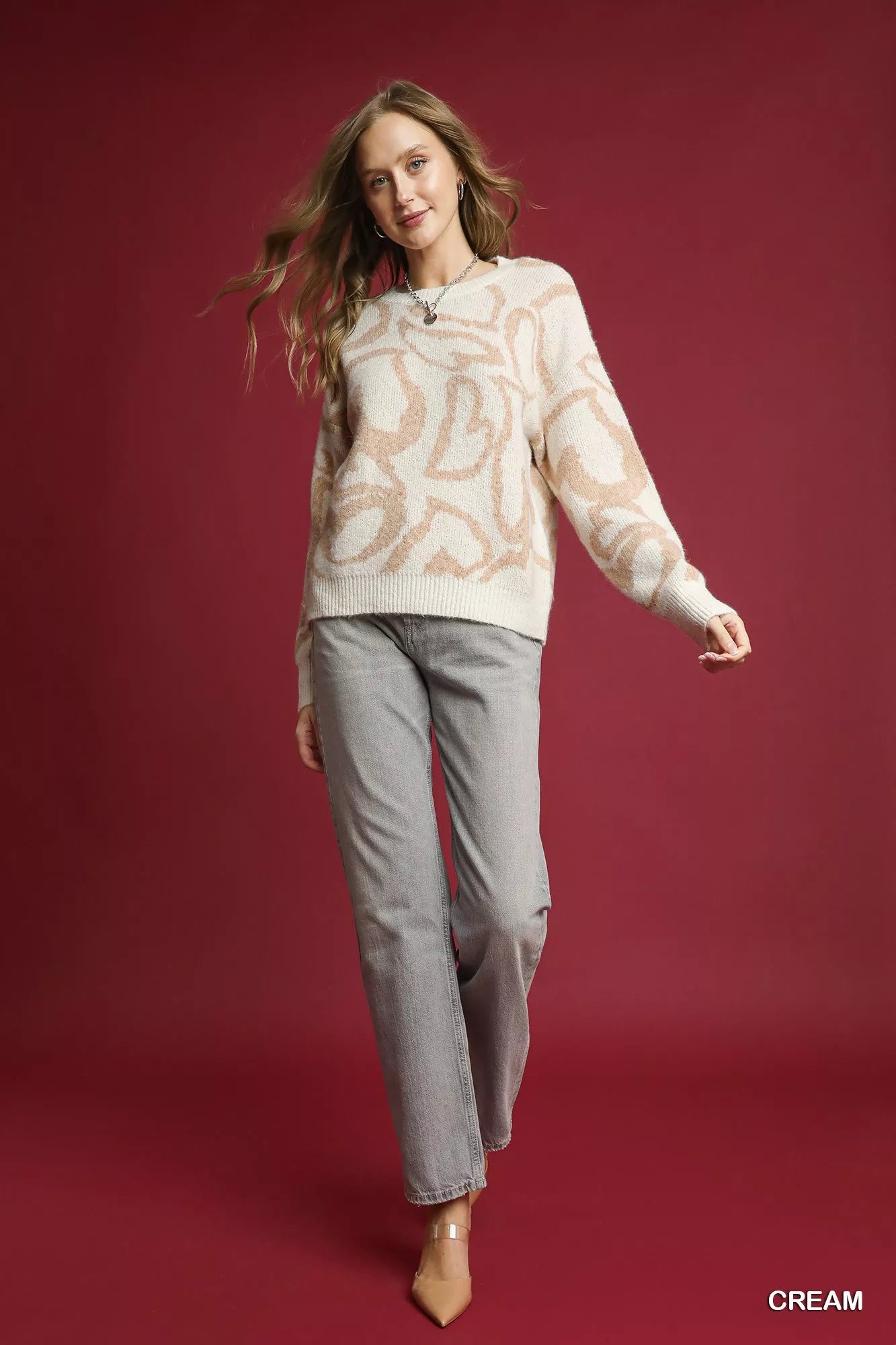Heart Print Crew Neck Sweater – Cozy, Cute & Stylish Layer