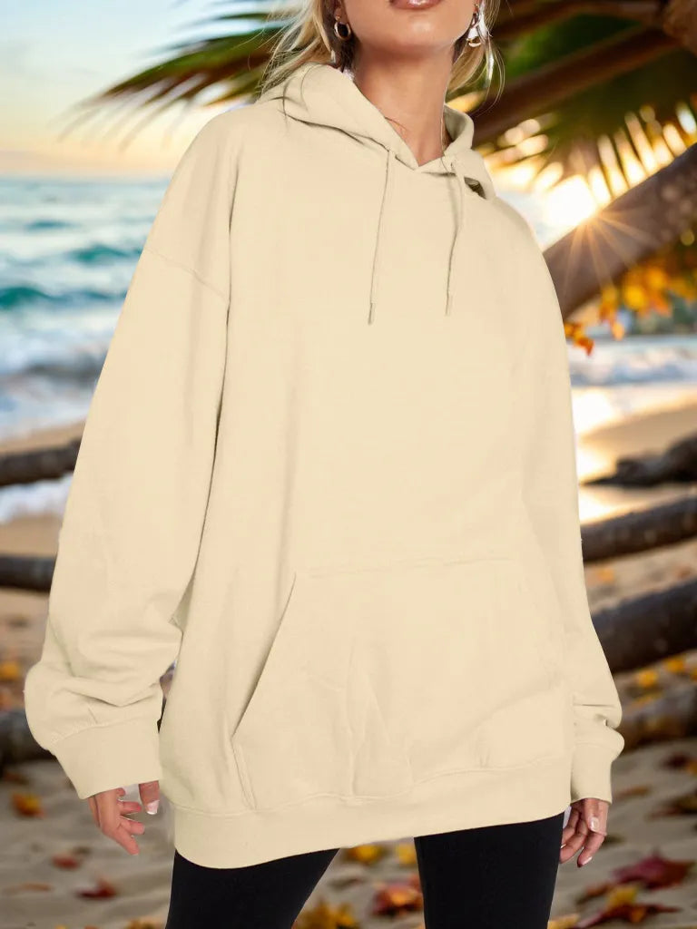 Light cream drawstring dropped-shoulder hoodie with hood and front kangaroo pocket