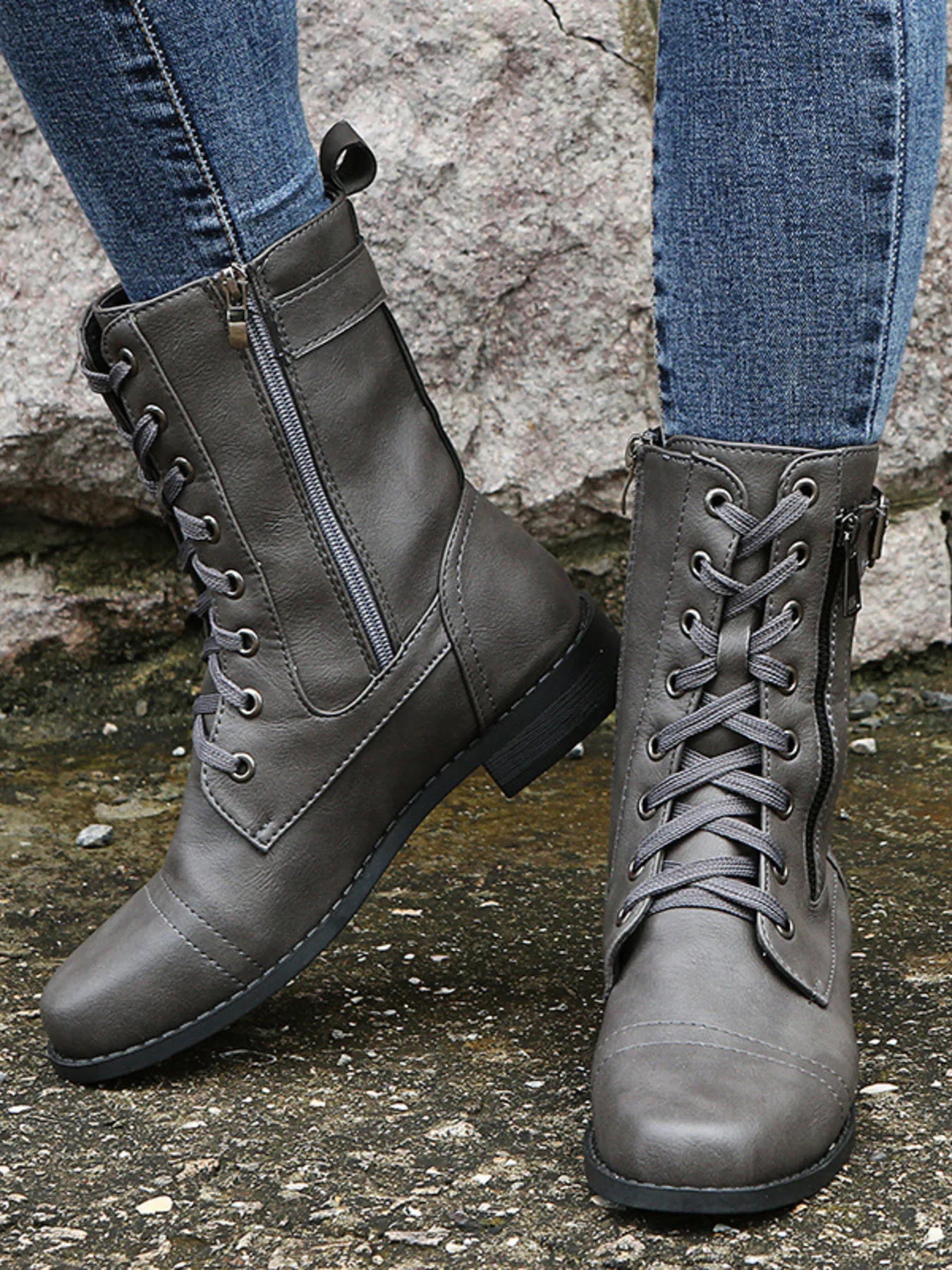Lace-Up Boots with Side Zipper – Stylish Comfortable Ankle Boots