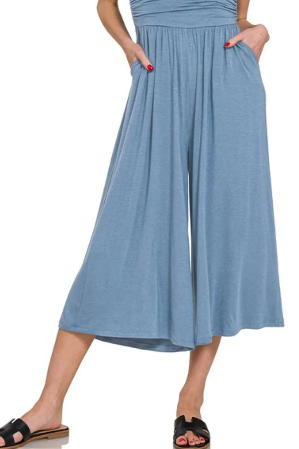 Heathered Blue Strapless Culotte Jumpsuit Ruched Top & Pockets