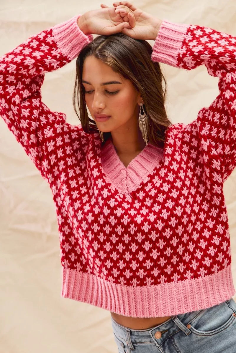 Color Block Textured Christmas Sweater V-Neck