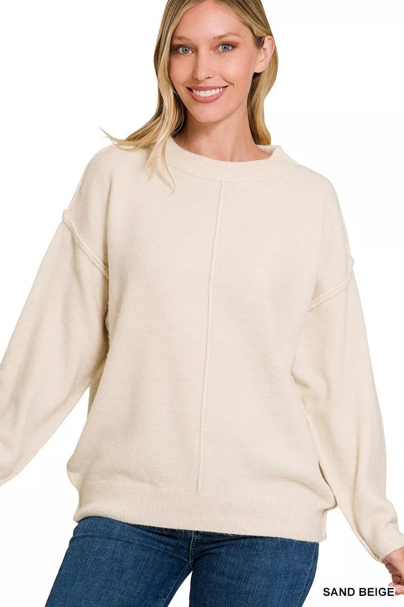 Zenana Melange Front Seam Round Neck Sweater