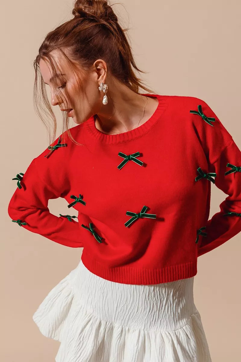 Ribbon Bow Applique Sweater – Feminine Cozy Winter Knitwear