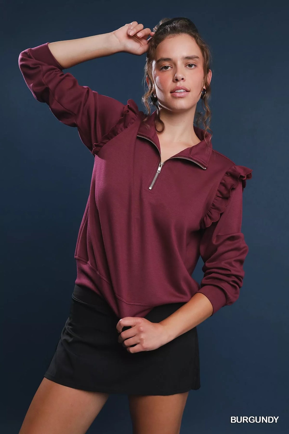 Umgee Luxeknit Ruffle Shoulder Quarter-Zip Sweatshirt – Chic & Cozy Style