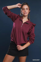 Umgee Luxeknit Ruffle Shoulder Quarter-Zip Sweatshirt – Chic & Cozy Style
