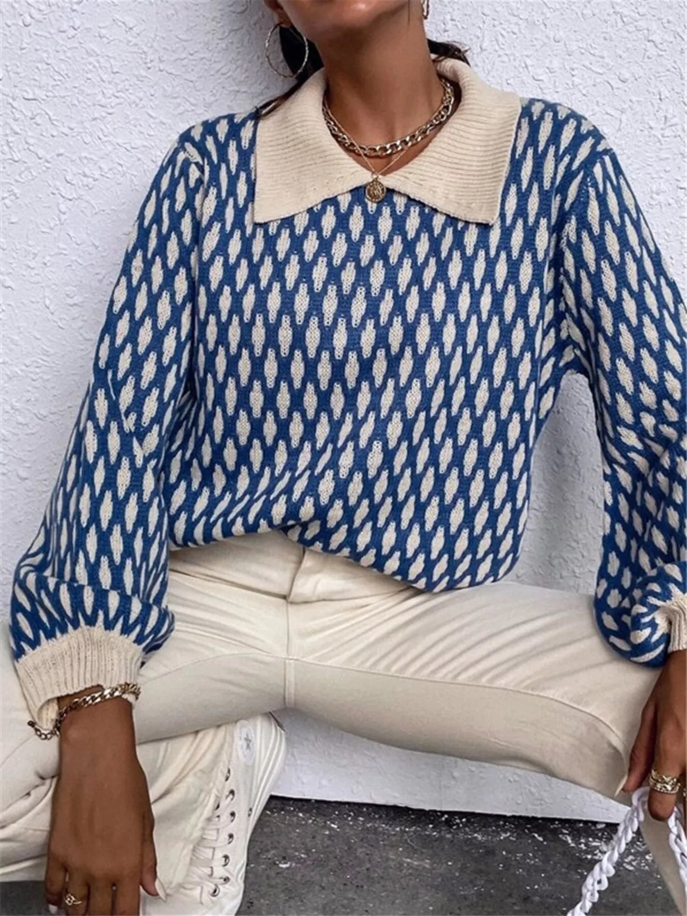 Diamond Pattern Peter Pan Collar Sweater – Chic Vintage Knit